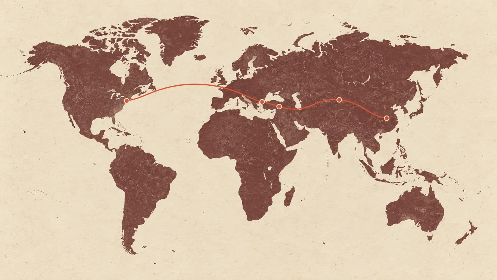 Illustrated world map tracing the journey to the United States