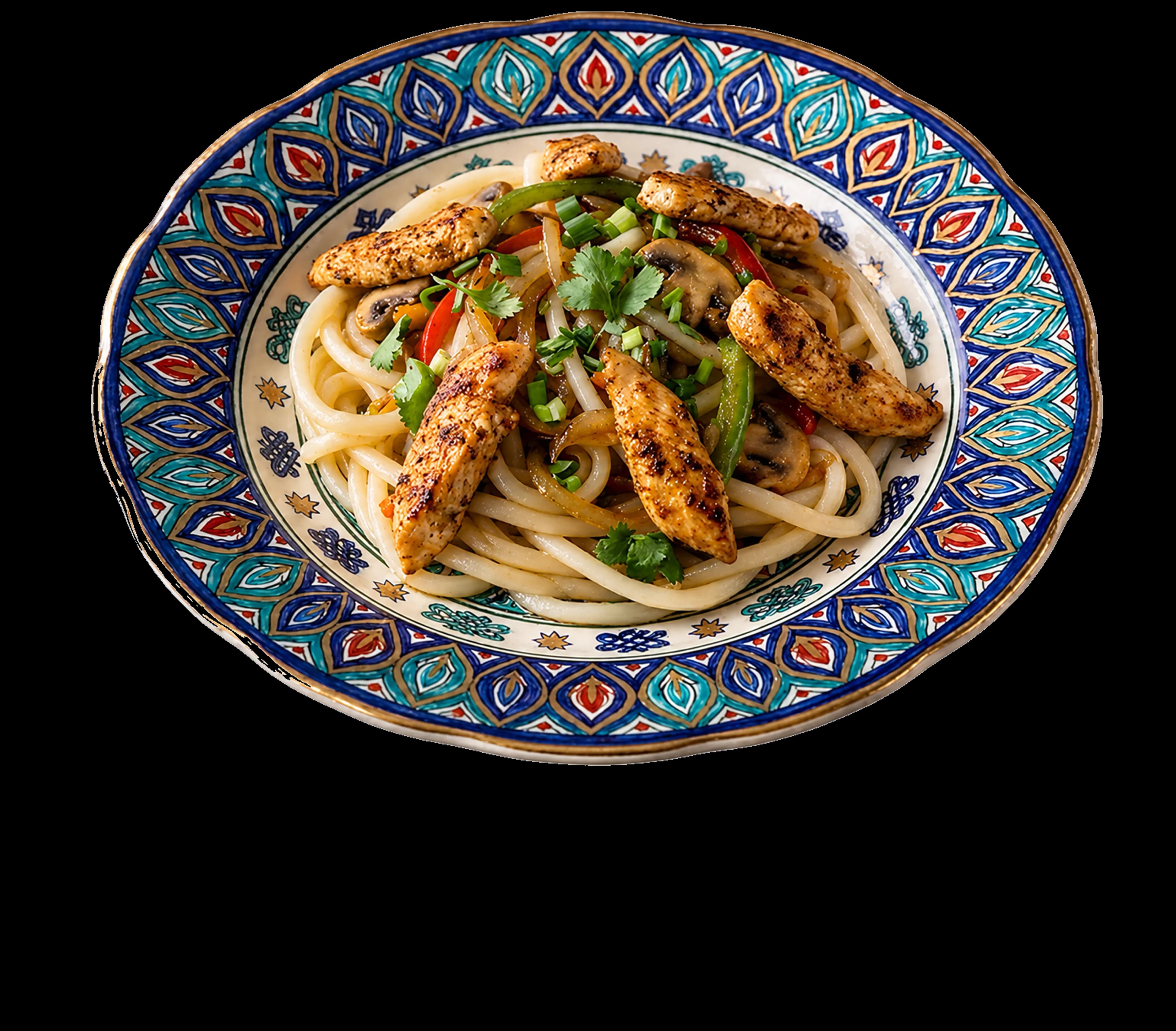 Traditional Laghman hand-pulled noodles in an authentic ornamental Central Asian ceramic bowl