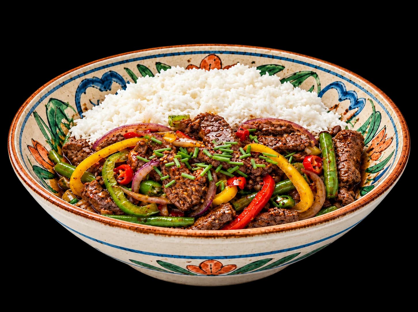 Traditional stir-fried meat, vegetables, and steamed rice Gan Fan