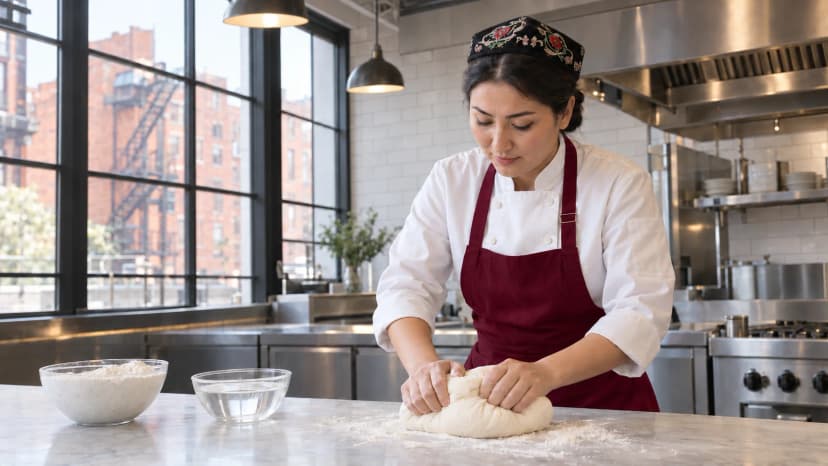 Chef kneading fresh dough on the stainless steel kitchen counter