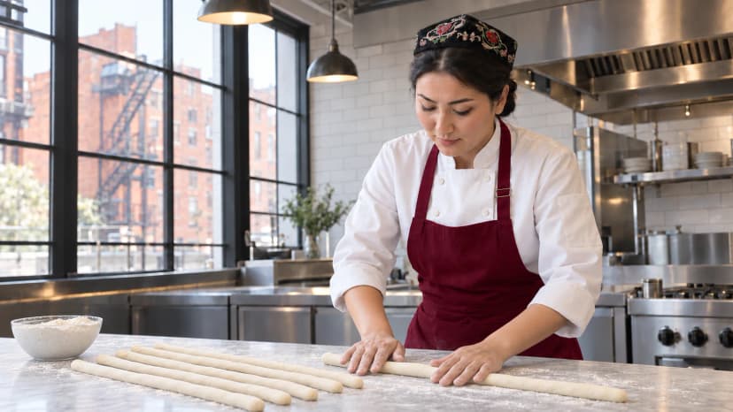 Chef rolling dough with a wooden rolling pin into uniform strips