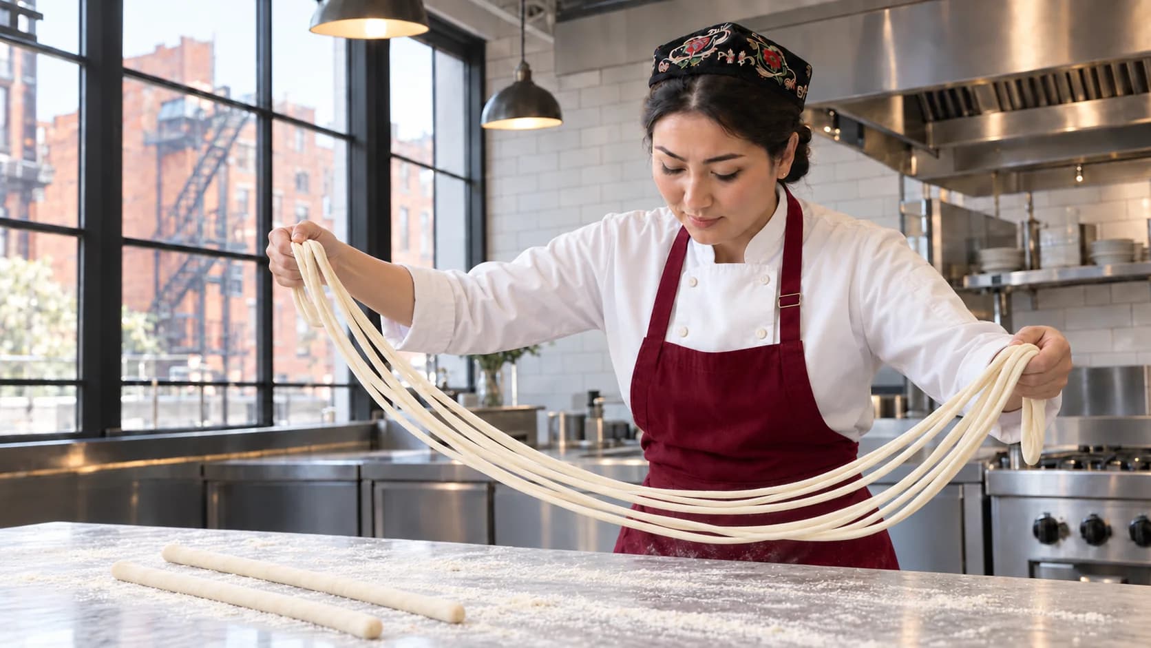 Master Chef stretching and pulling fresh authentic noodles by hand