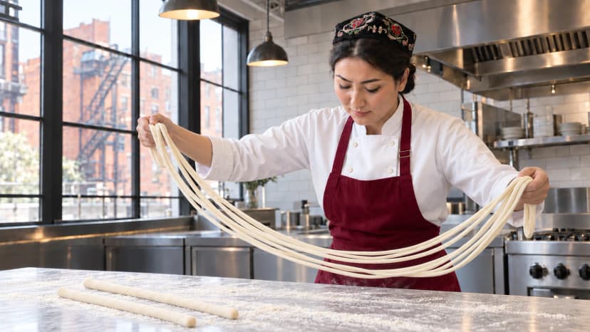 Master Chef stretching and folding noodles by hand