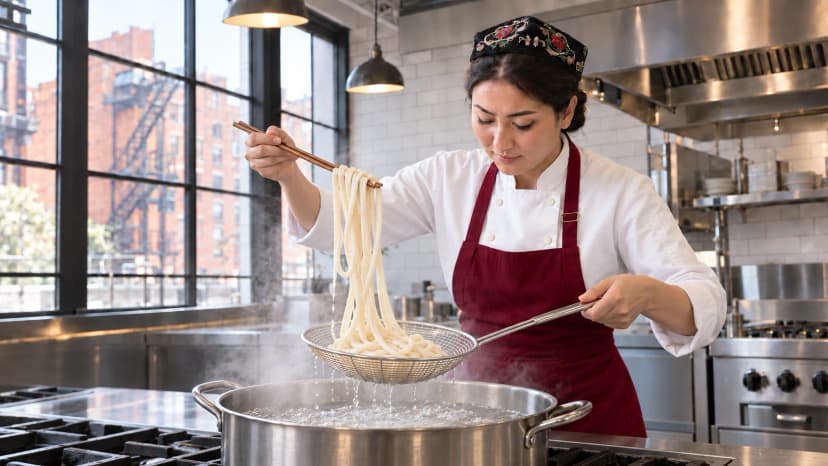 Chef dipping fresh noodles into boiling broth pot