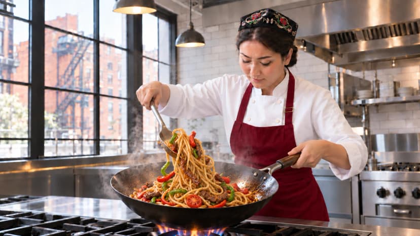 Chef tossing noodles in hot wok with vegetables and meats