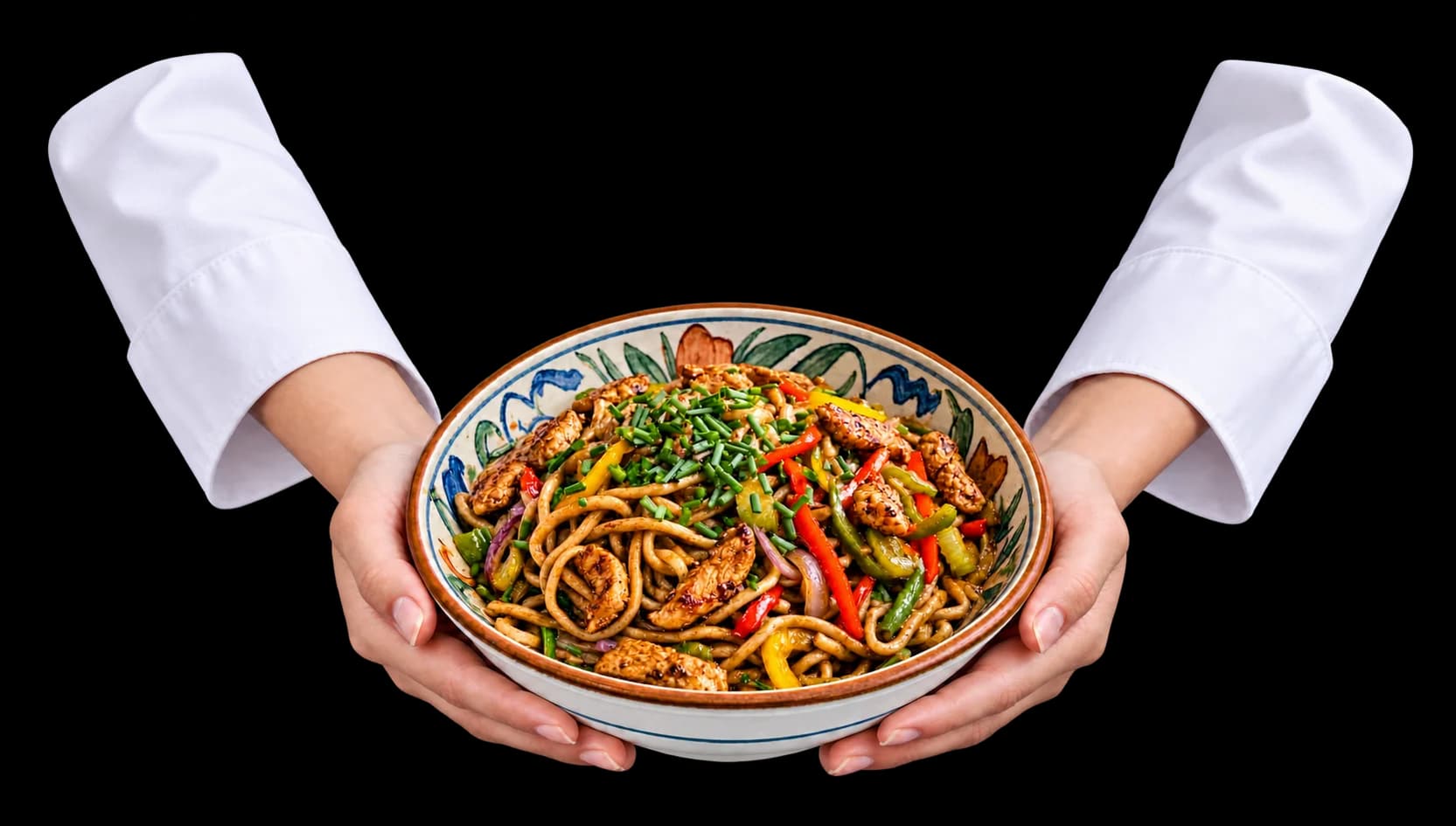 Chef hands serving a delicious hot bowl of hand-pulled noodles