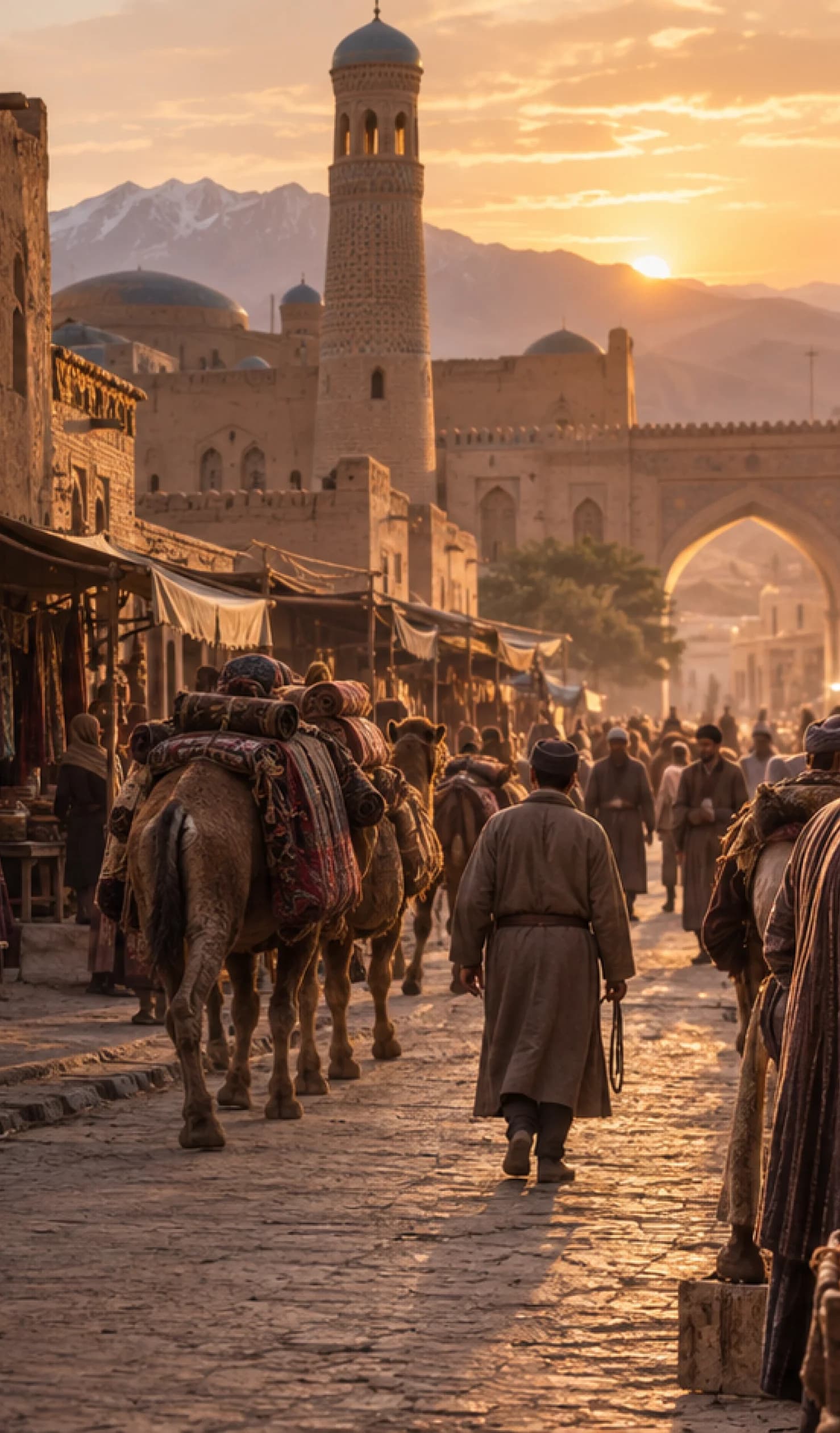 Ancient Silk Road caravan moving through historic Central Asian city at sunset